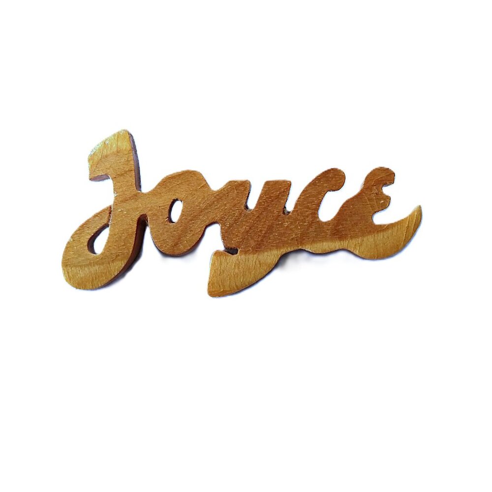 Vintage 70s Joyce Name Wooden Brooch C-Clasp Handmade Wood Pin Retro